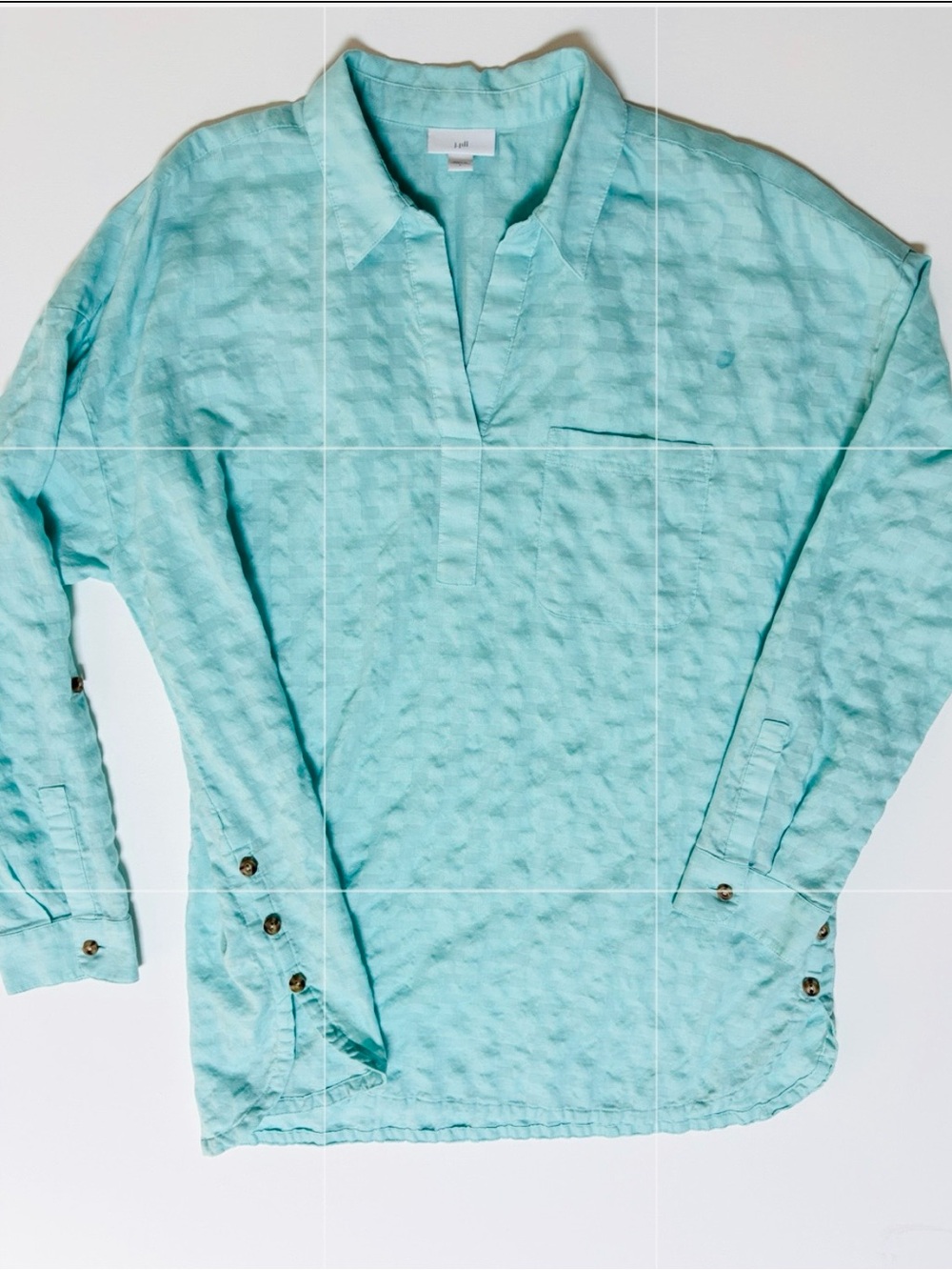 J Jill Coastal 100% Cotton Textured Mint Aqua Tunic Top L  Pop Over Lagenlook
